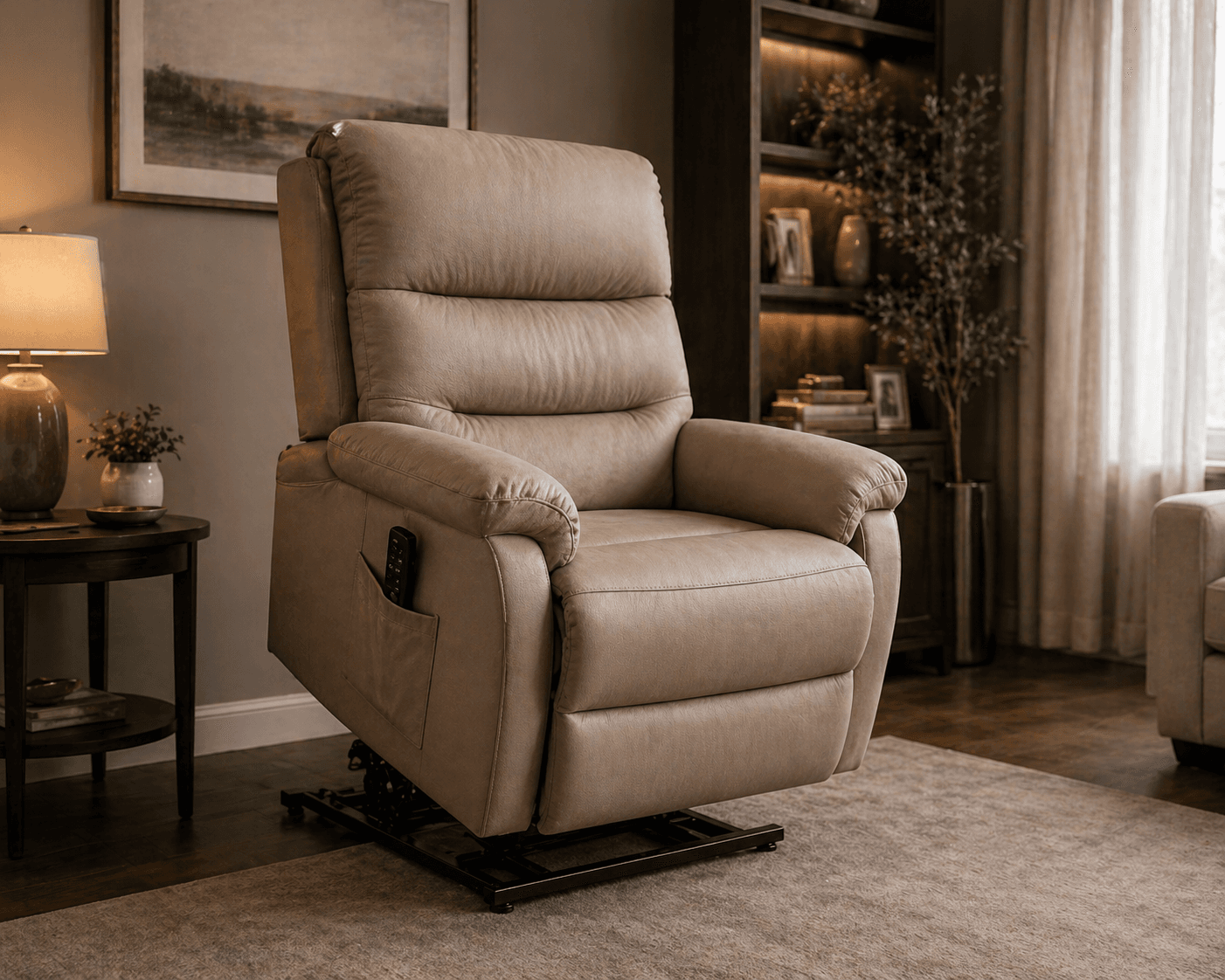 Comfortable lift chair in a warm living room